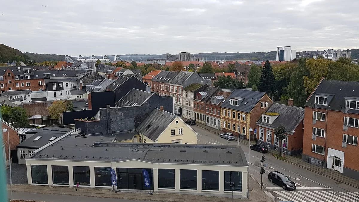 panoramic cityscape of Vejle with buildings and distant hills