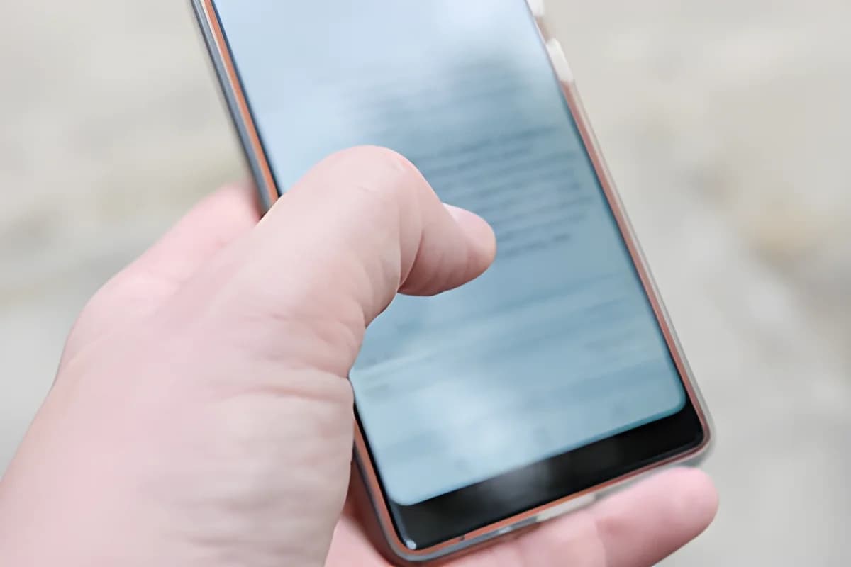Hand holding smartphone with text on screen outdoors