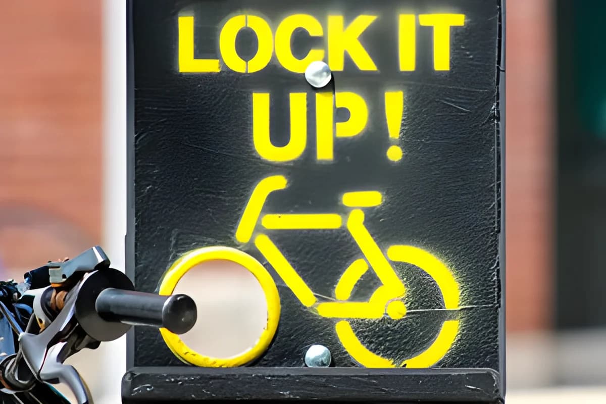 black sign with yellow bicycle symbol and 'LOCK IT UP!' text